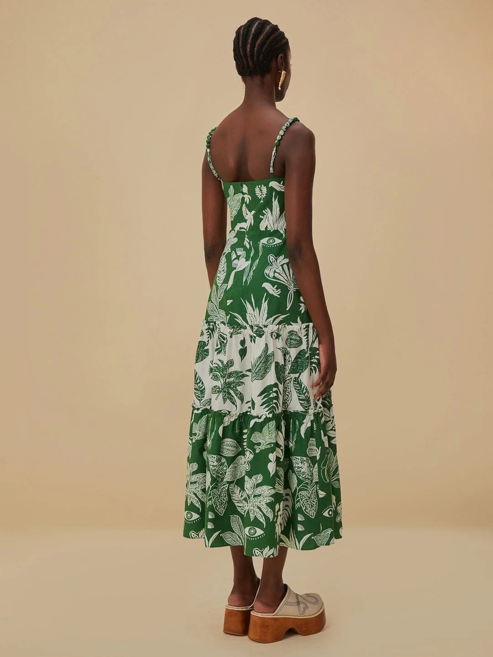 FARM Rio FOREST SOUL MIX Green and White Tropical Tiered Midi Dress Size L - Picture 3 of 6